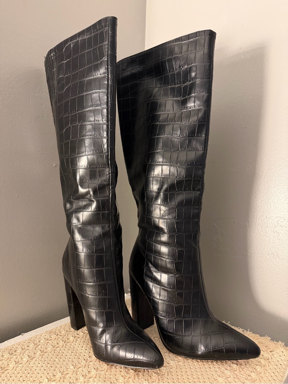 PrettyLittleThing Black Croc-Embossed Over-the-Knee Heeled Boots